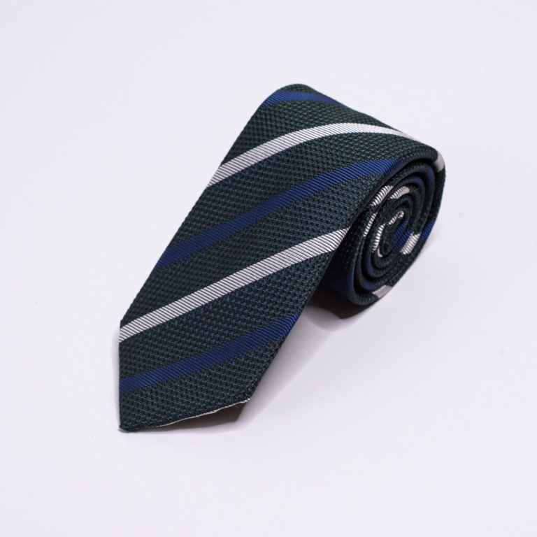 Mørkegrønt slips med navy og hvite striper. Menswear Oslo. Norges beste utvalg slips fra italia.